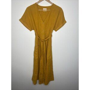 Offon Clothing Womens Linen Dress Sz S M Mustard Yellow Rust Button Midi Tie